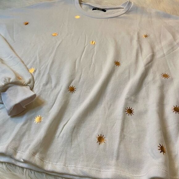 NWT Michael Lauren Fairfax Classic Sweatshirt in White with Rose Gold Sun Foils - Picture 10 of 13